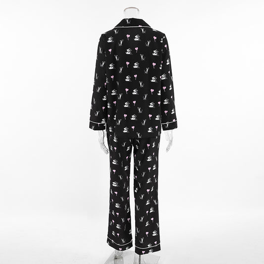 Cute Cat Print Artificial Silk Pajamas Set