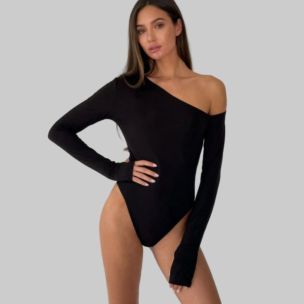 Sloping Shoulder Backless Hollow Cutout Long Sleeved Bodysuit