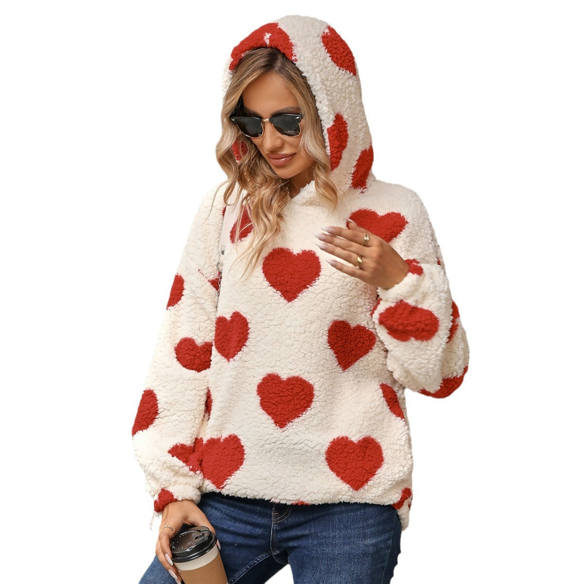 Plush Hooded Love Printed Pullover Sweater