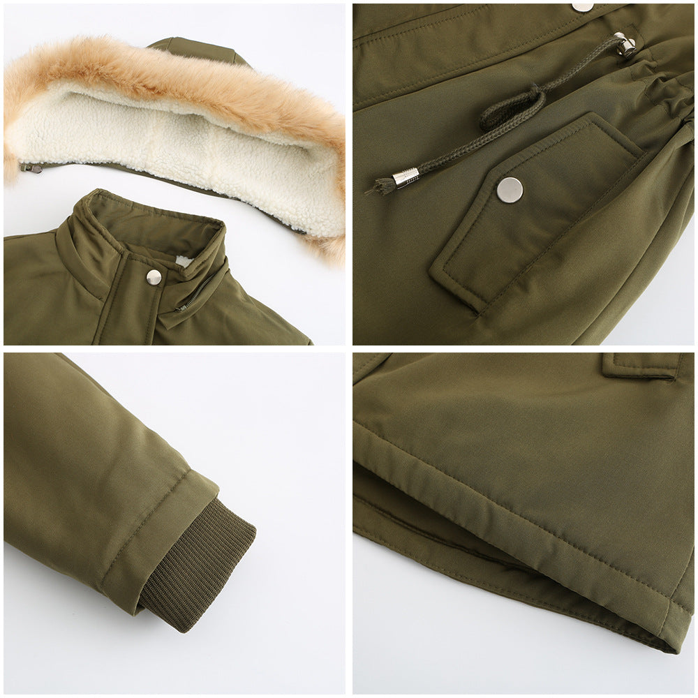 Thick Lambskin Cotton Detachable Fur Hoodie Fleece Padded Coat