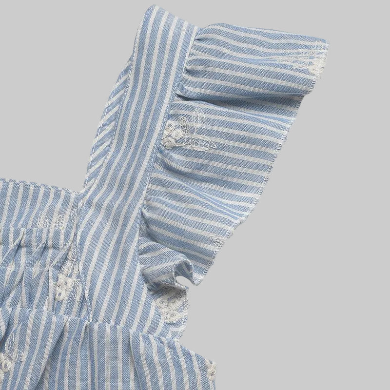 Fresh Pastoral Striped Embroidered Flounced Sleeve Square Collar Top