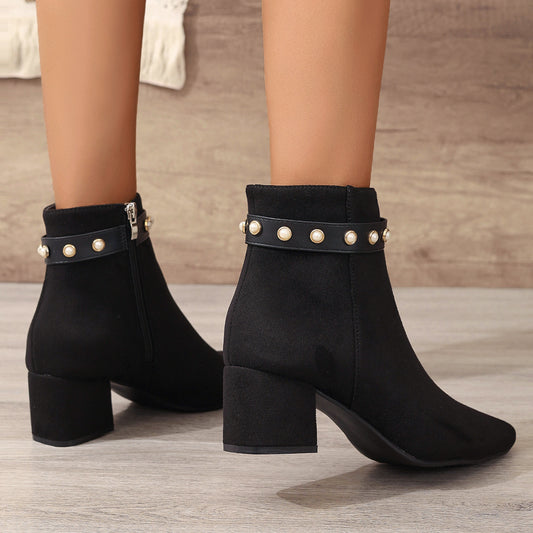 Black Pearl Microfiber Ankle Pointed Toe Chunky Heel Low Heel Boots
