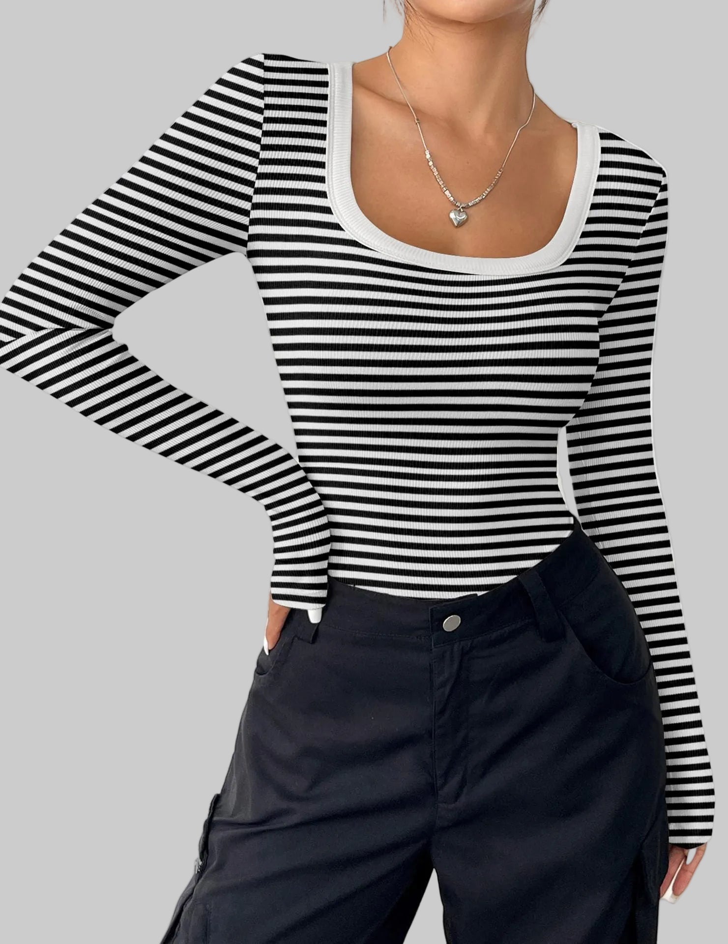 Striped Slim U-Neck Sexy Long Sleeve Top