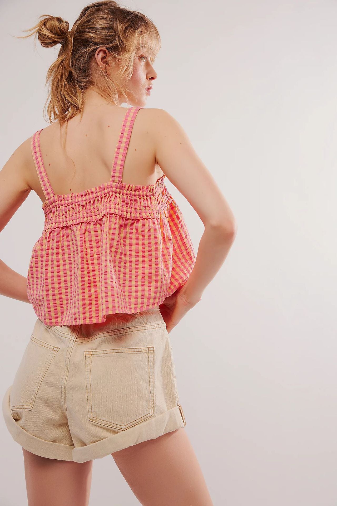 Plaid Pleated Stitching Short Top