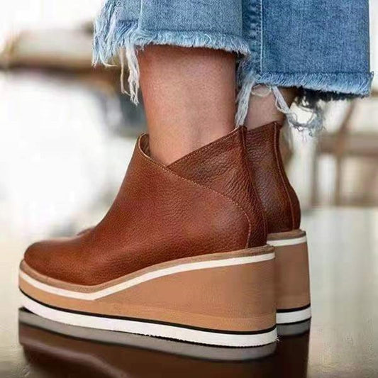 Wedge Thin Short Side Zipper Mid Heel Leather Ankle Boots