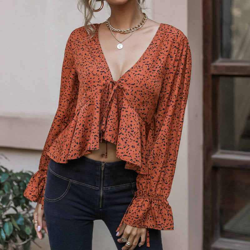 Flared Sleeves Long Sleeves Leopard Print Lace Up Sexy Cropped Ruffle Asymmetric Top