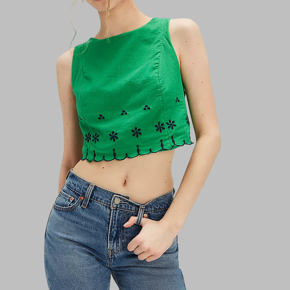 Embroidered Floral Cropped Lace-up Top