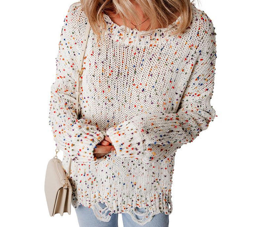 Color Spotted Knitted Long Sleeve Sweater