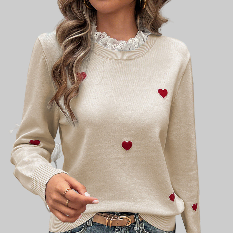 Embroidery Heart Lace Collar Sweater
