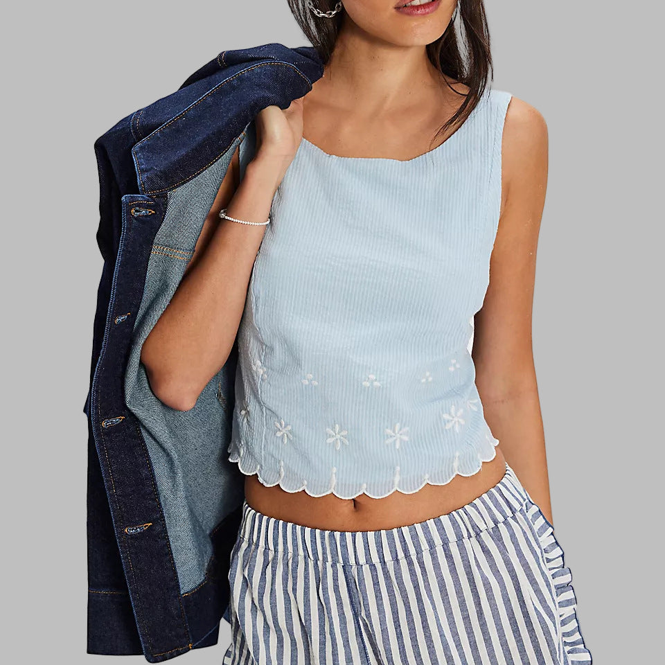 Embroidered Floral Cropped Lace-up Top