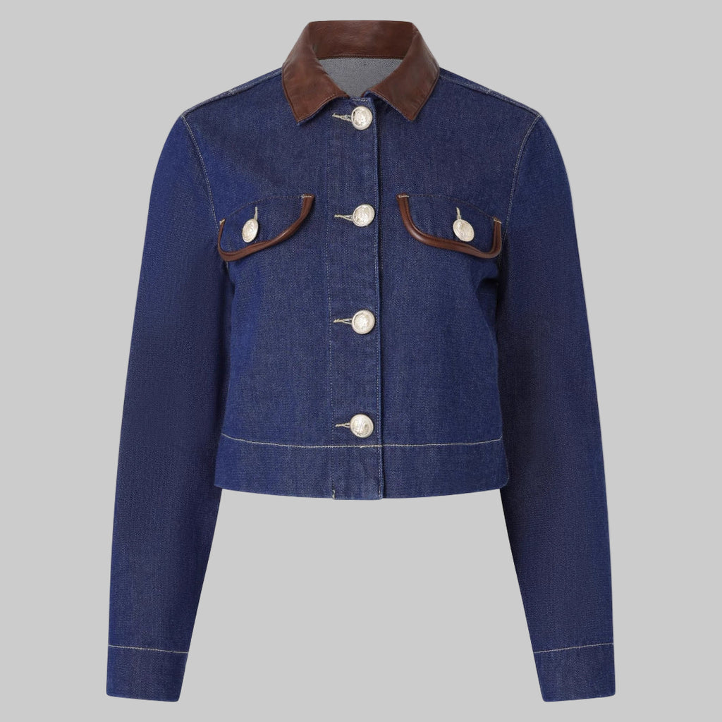 Button Embellishment with Leather Patchwork Collar Pocket Denim Jacket