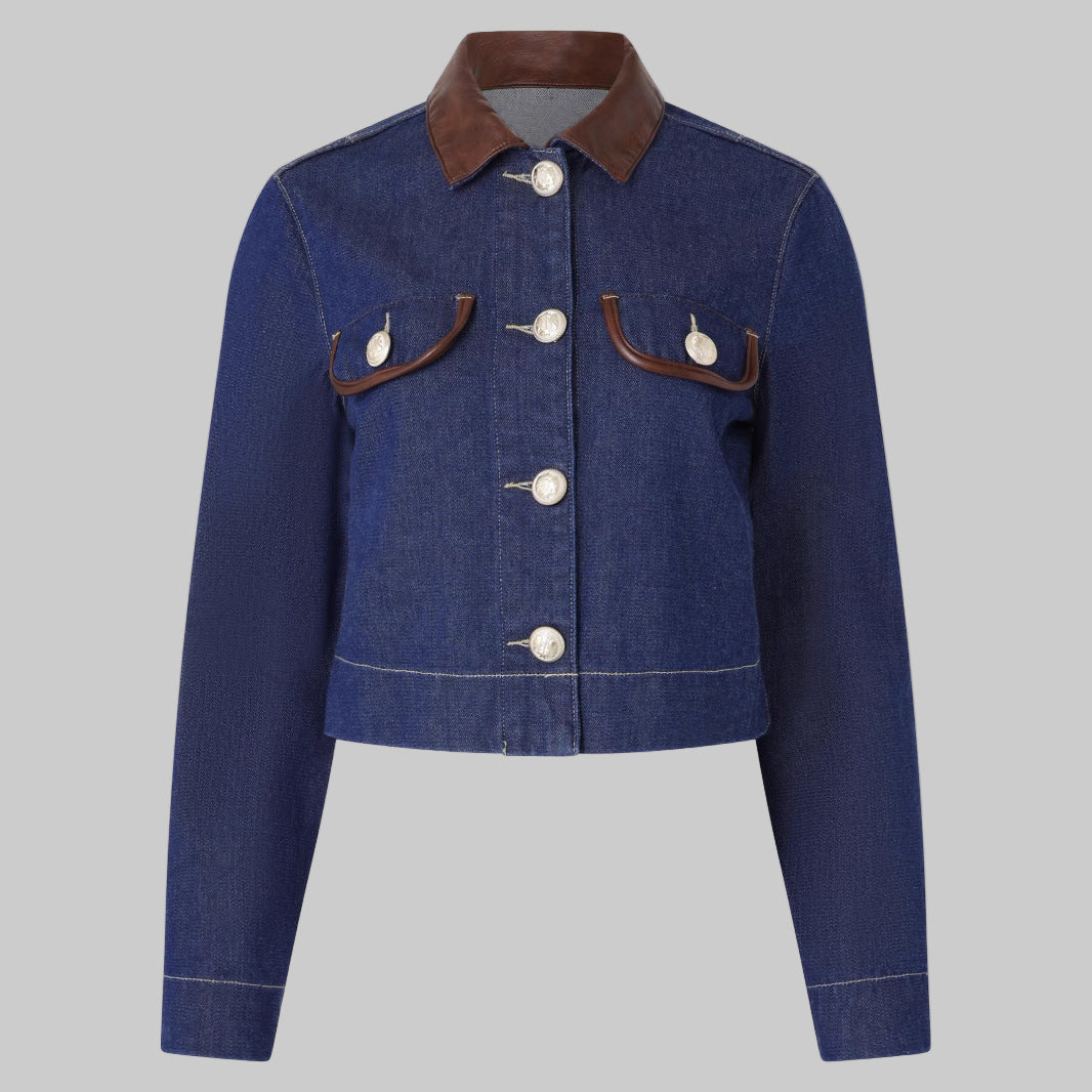 Button Embellishment with Leather Patchwork Collar Pocket Denim Jacket
