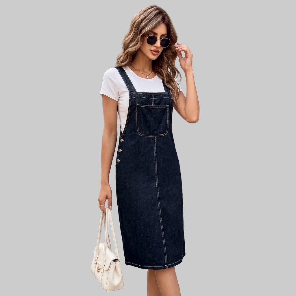 Vintage Wide Shoulder Strap Front Pocket Side Washed Denim Cargo Jumpsuit