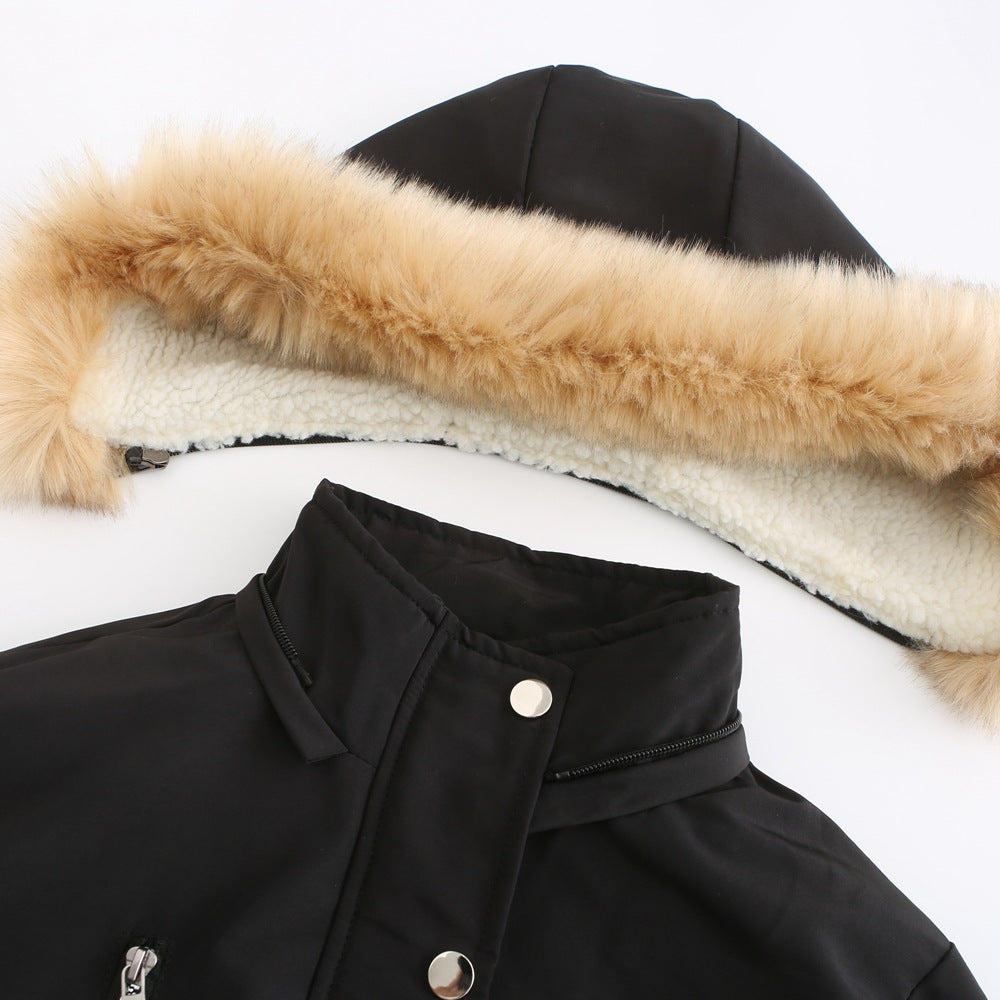 Thick Lambskin Cotton Detachable Fur Hoodie Fleece Padded Coat