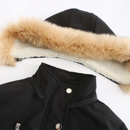Thick Lambskin Cotton Detachable Fur Hoodie Fleece Padded Coat