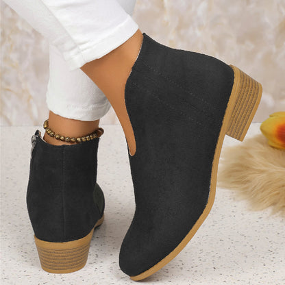 Side Zipper Round Toe V-Cut Suede Ankle Boots