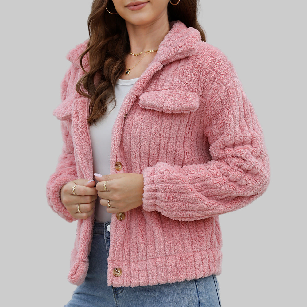 Sunken Stripe Velvet Collared Coat