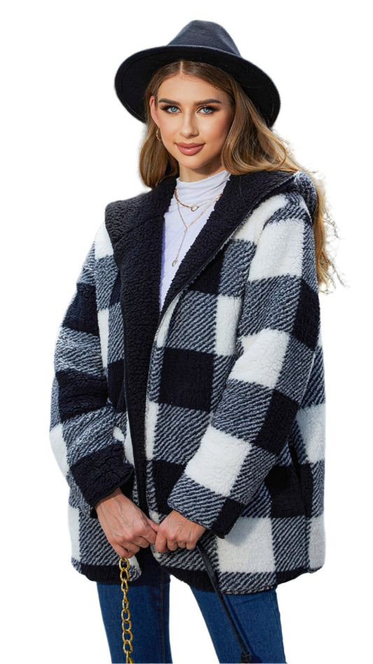 Plaid Hooded Double Sided Plush Coat