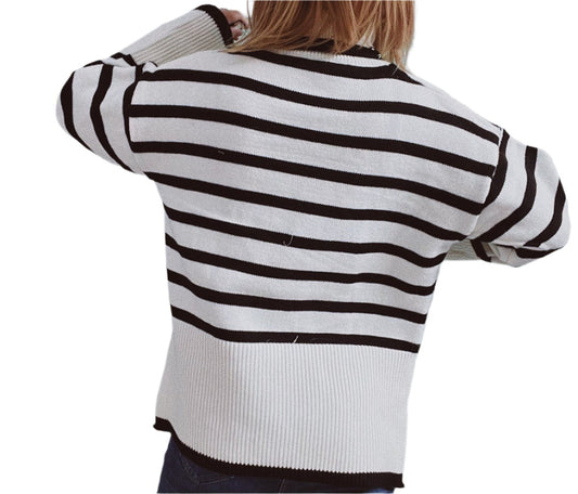 Casual Loose High Collar Bell Sleeve Striped Side Slit Knitted Pullover Sweater