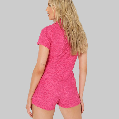 Knitted Embossed Polo Collar Romper
