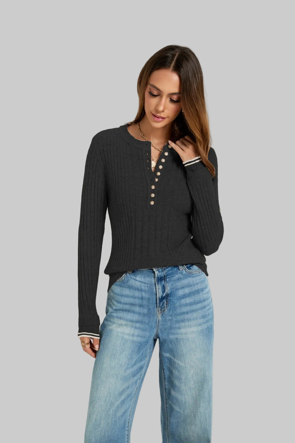 Long Sleeve Slim Fit Buttoned Sunken Stripe Idle Sweater