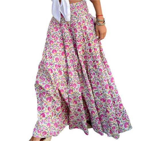 Casual Print Long Elastic Waist Skirt