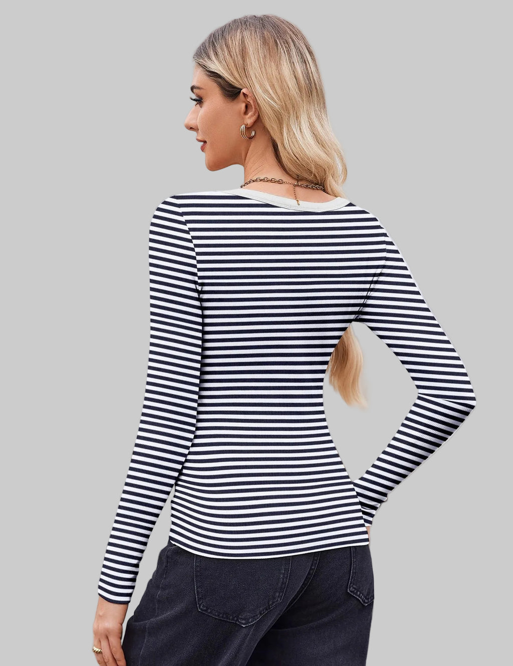 Striped Slim U-Neck Sexy Long Sleeve Top