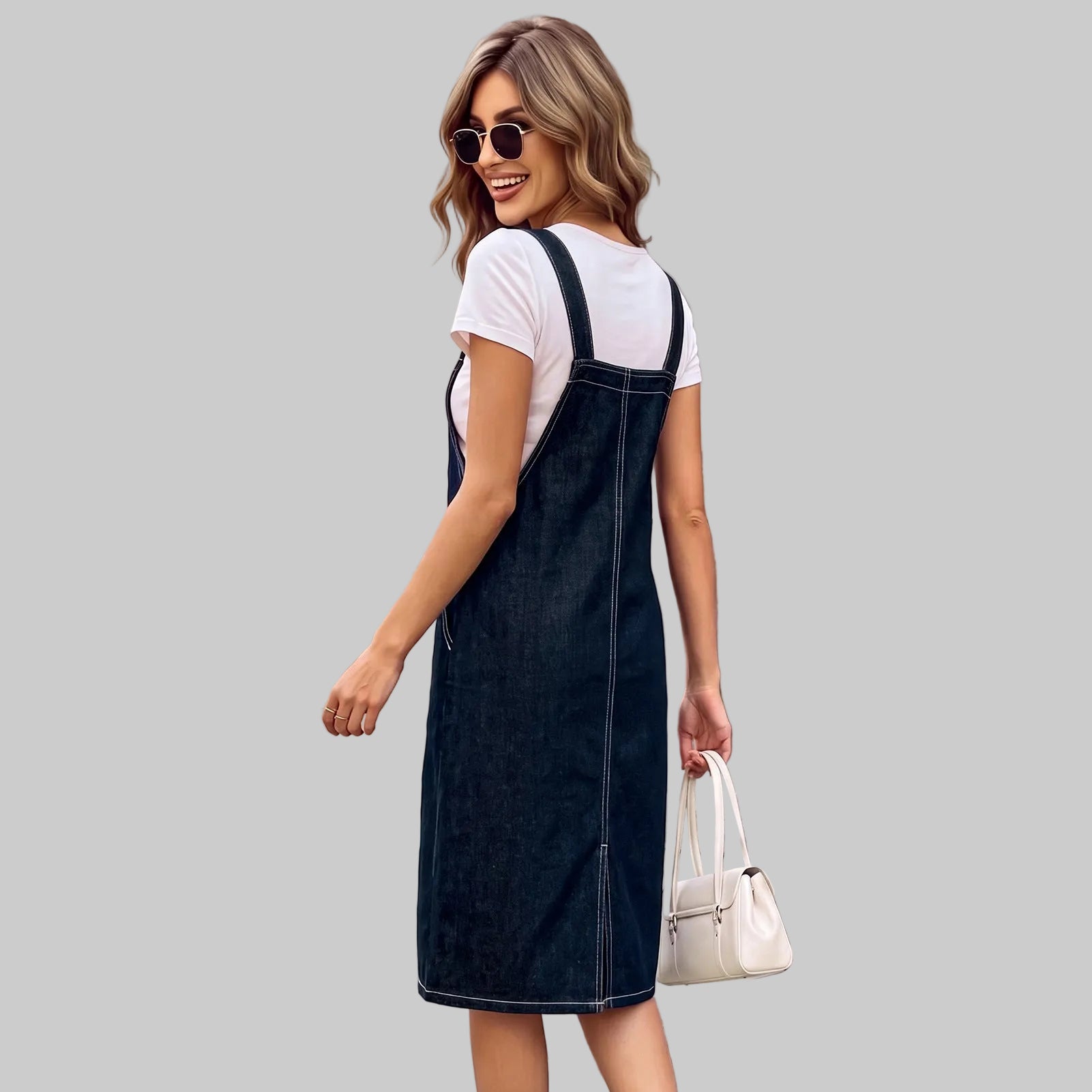 A woman wearing a dark blue denim overall dress over a white t-shirt, standing on stone steps in front of a building with a street sign in the background.