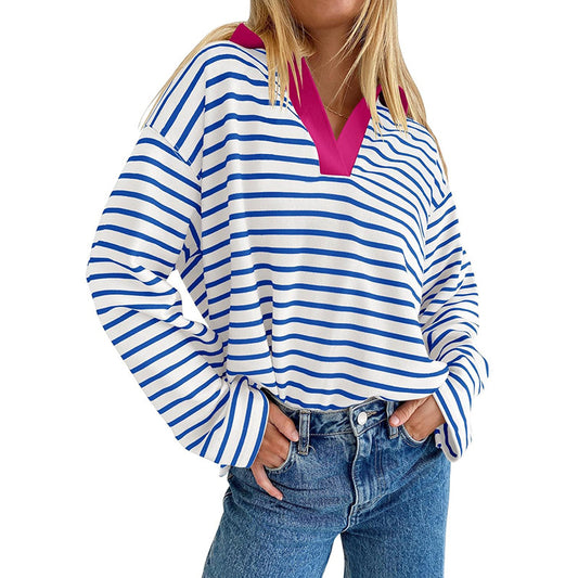 Polo Collar Striped Long Sleeved Top