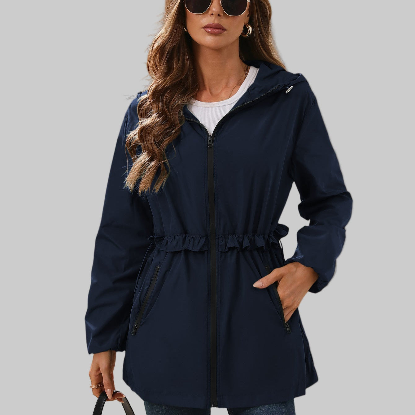 Ruffled Trim Hooded Trench Coat