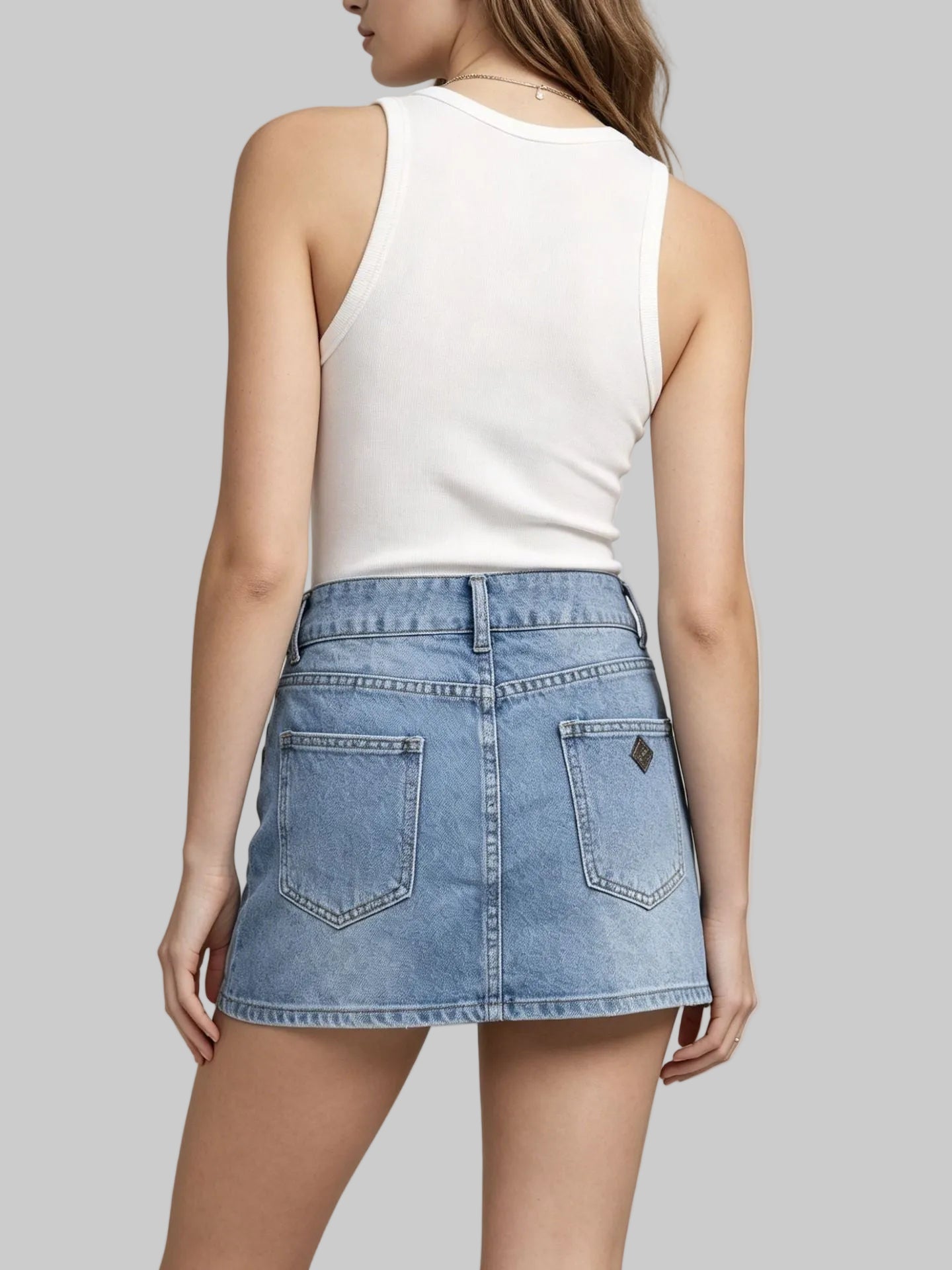 Double Button Light Blue Pocket Denim Skirt