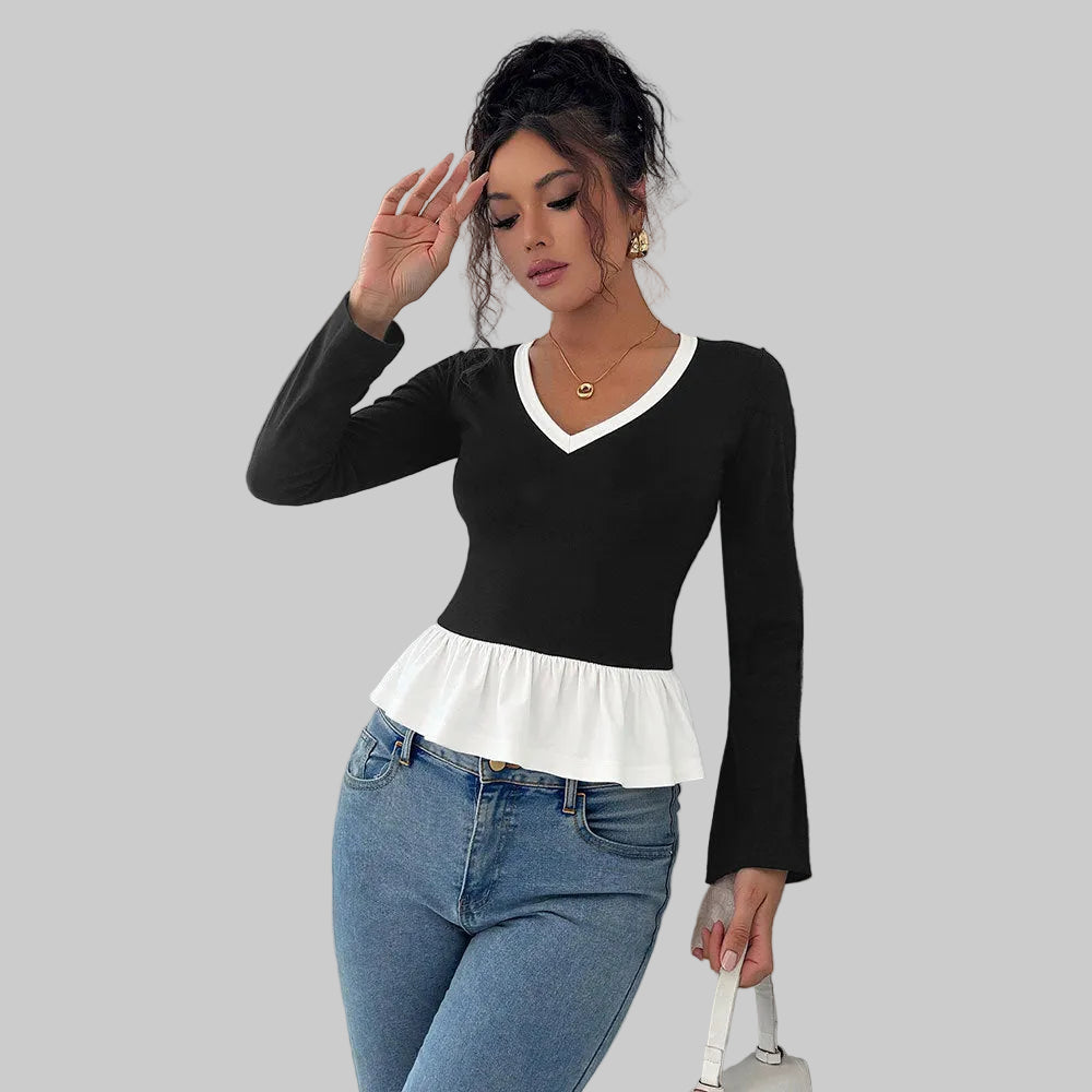 Contrast Color Peplum Long-Sleeved Top