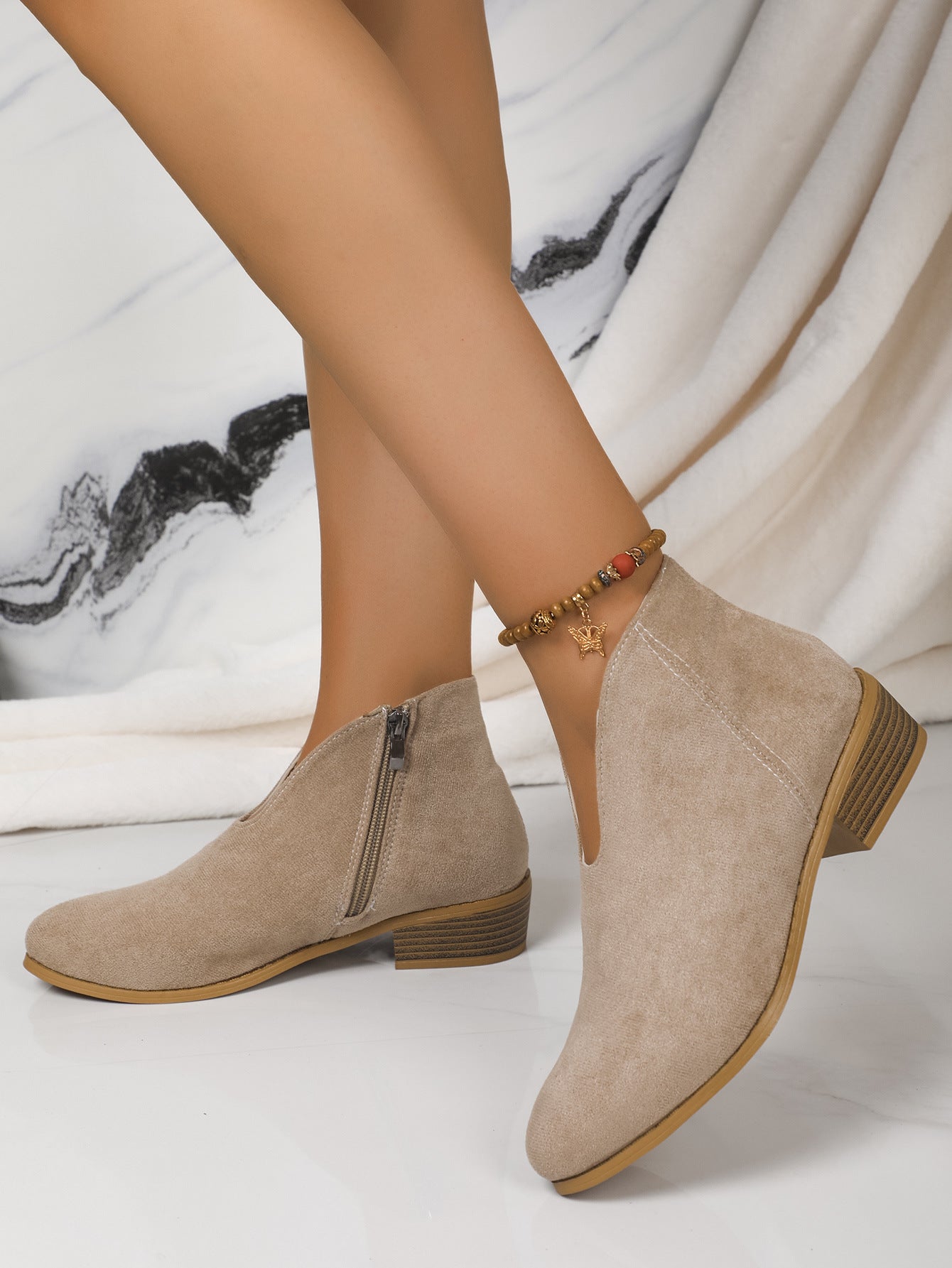 Side Zipper Round Toe V-Cut Suede Ankle Boots