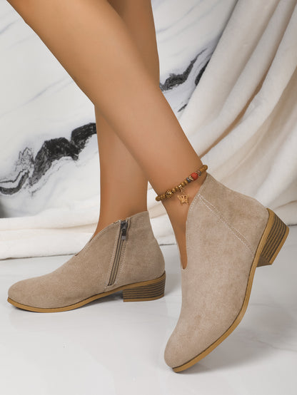 Side Zipper Round Toe V-Cut Suede Ankle Boots
