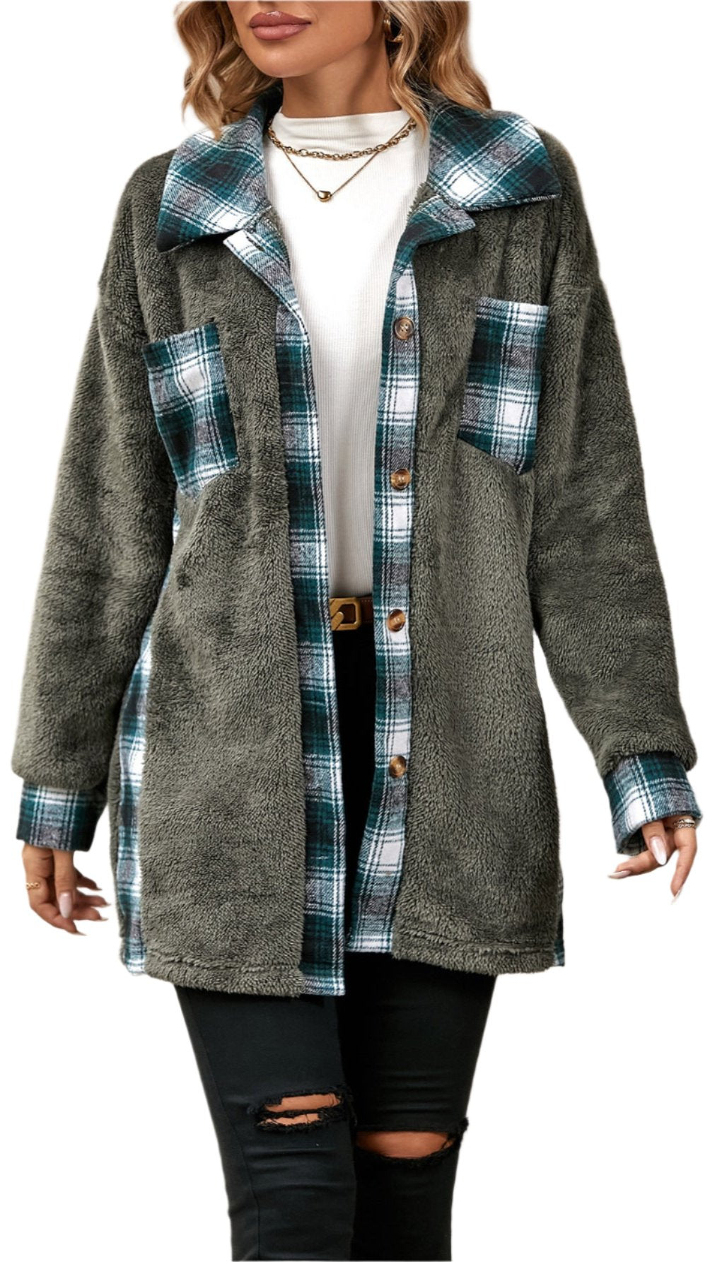 Single-Breasted Collared Mid-Length Plaid Plush Coat