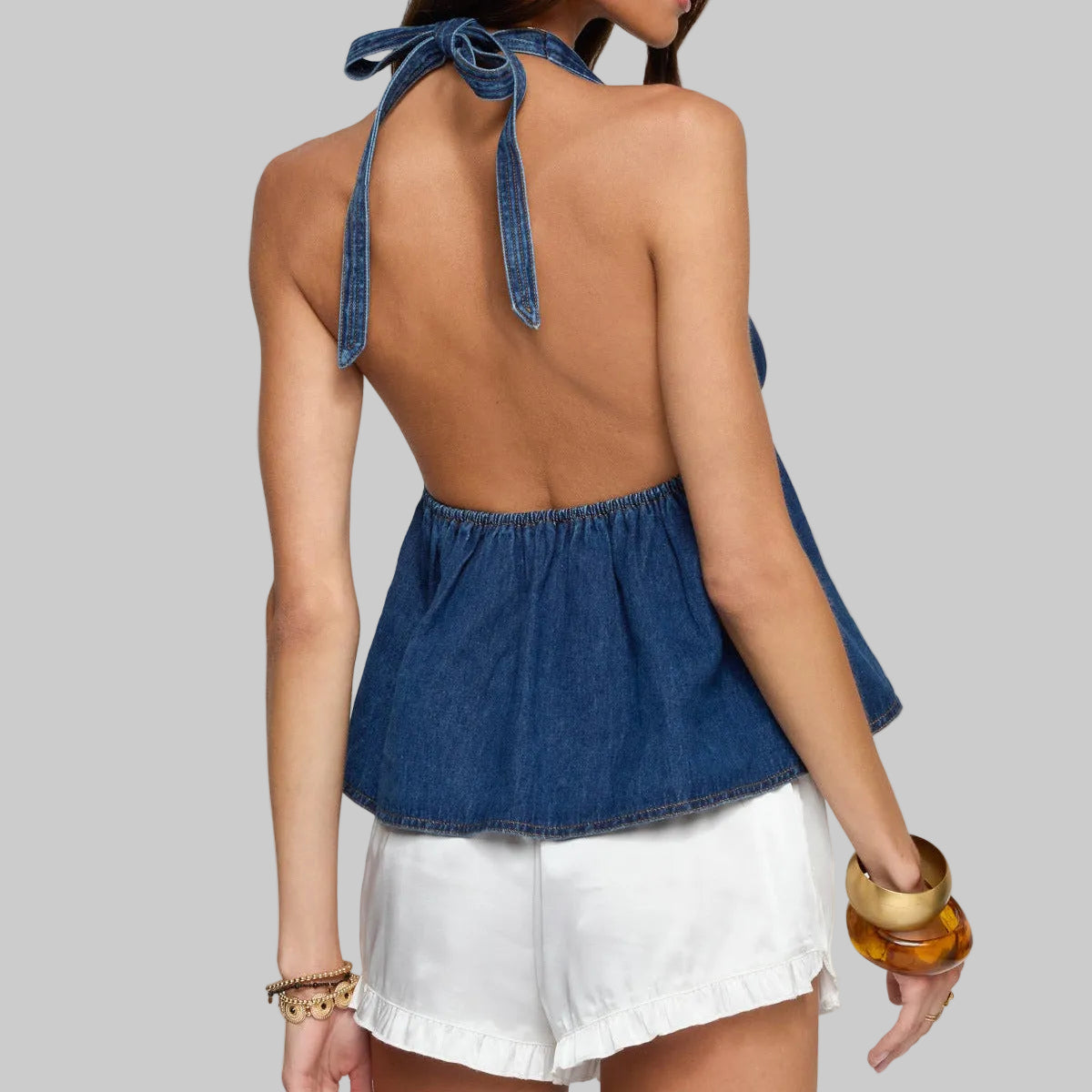 Sexy Dark Halter Lace-up Deep V-Plunge Denim Vest Top