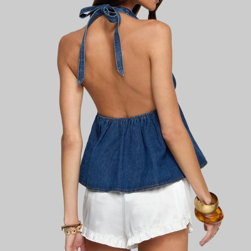 Sexy Dark Halter Lace-up Deep V-Plunge Denim Vest Top