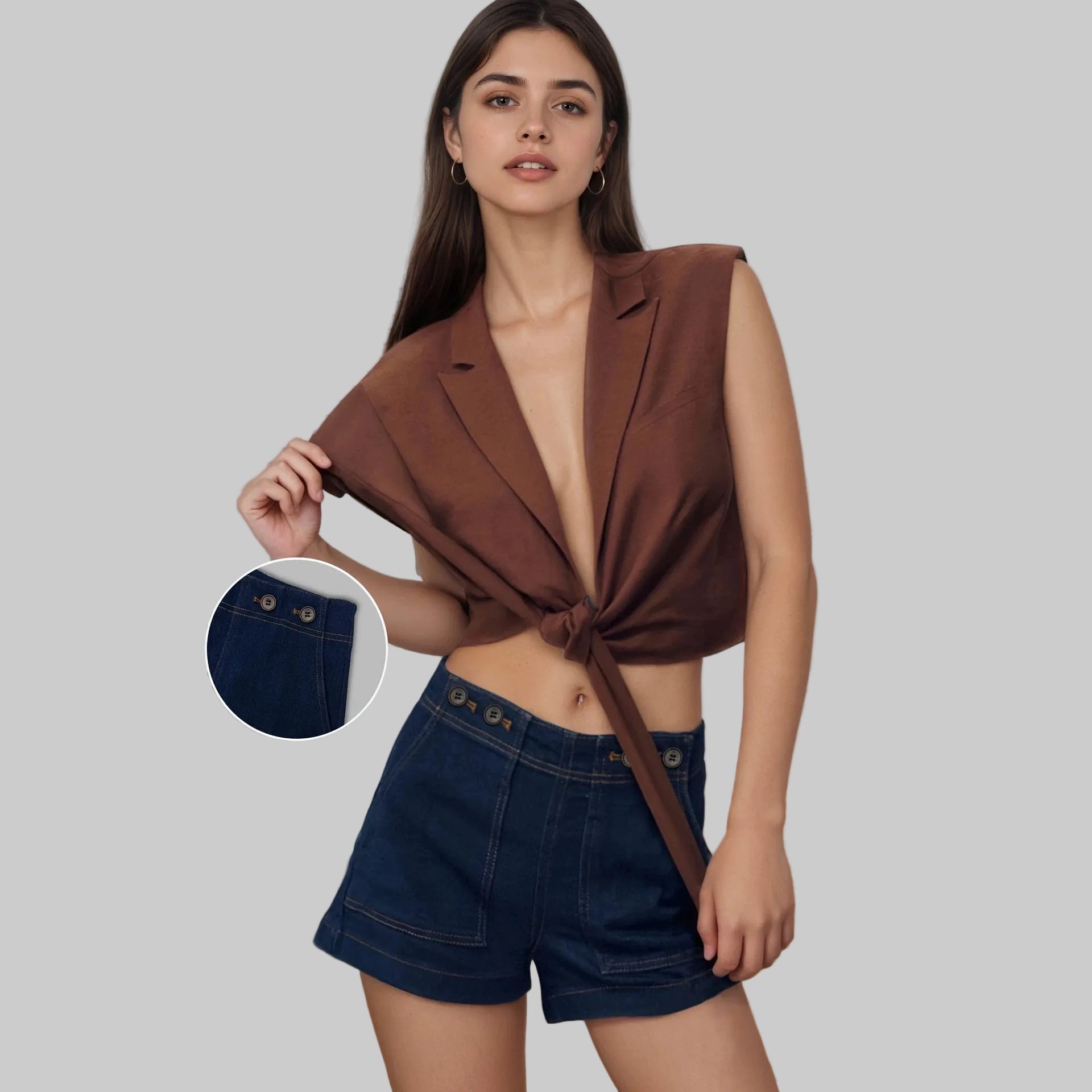 Woman wearing a brown open-front top and denim shorts in an indoor setting.