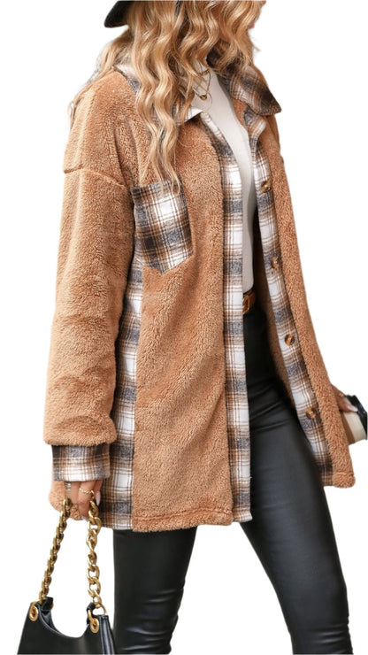 Single-Breasted Collared Mid-Length Plaid Plush Coat