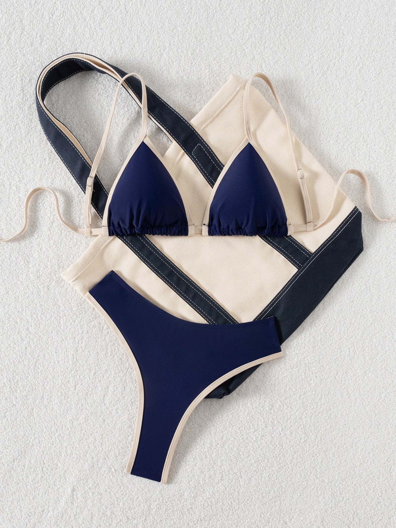 Contrast Color T-Back Cross Split Bikini