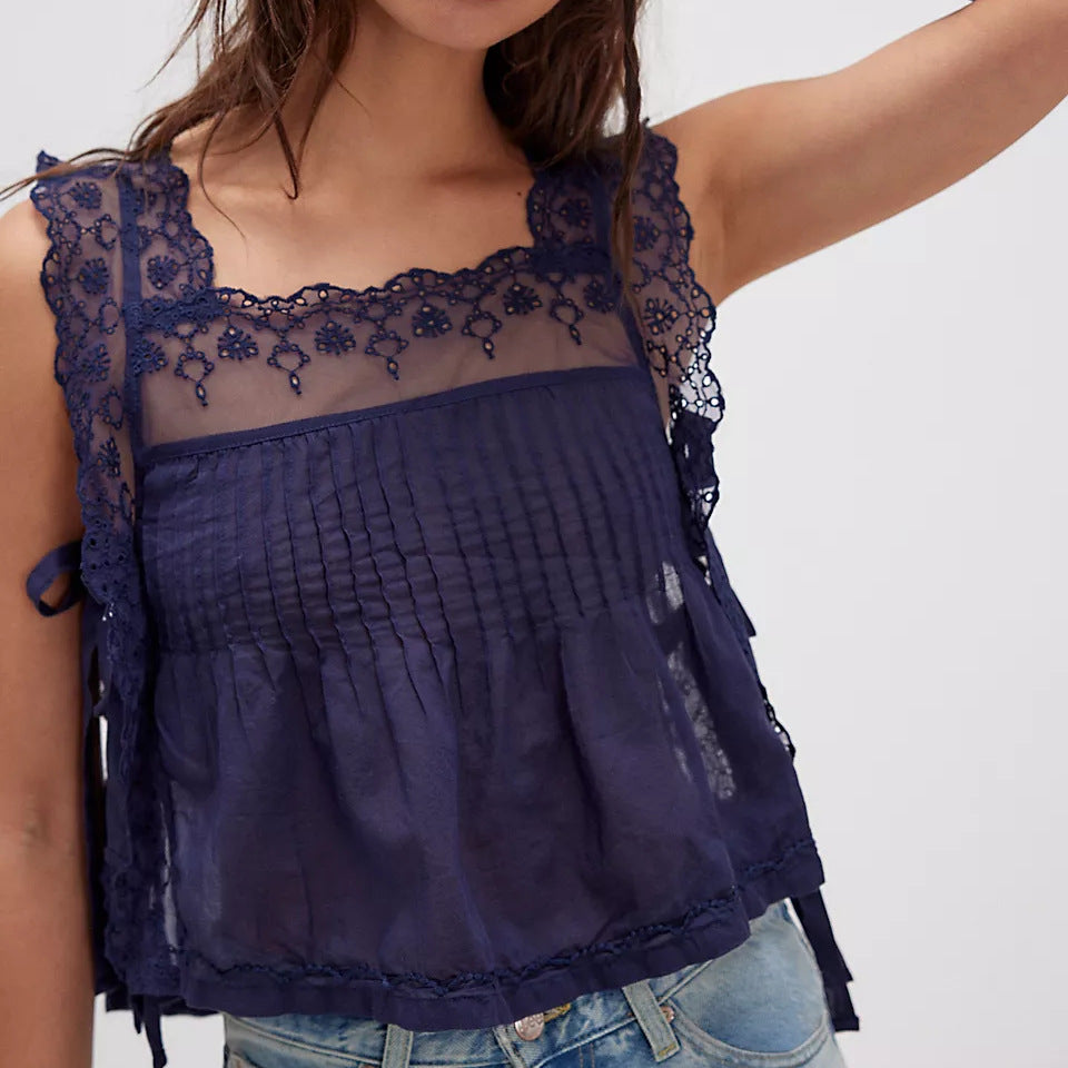Lace-up Lace Square Collar Camisole Short Top