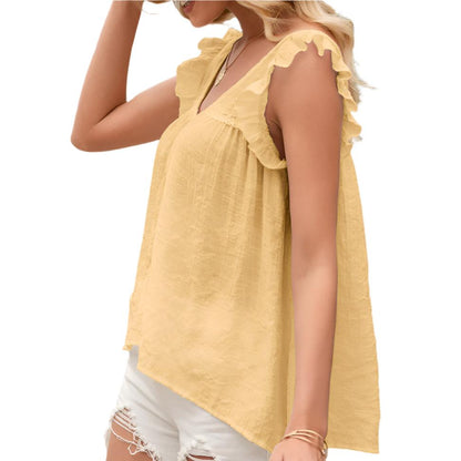 Simple Sweet Blouse V-neck Ruffled Sleeve Top