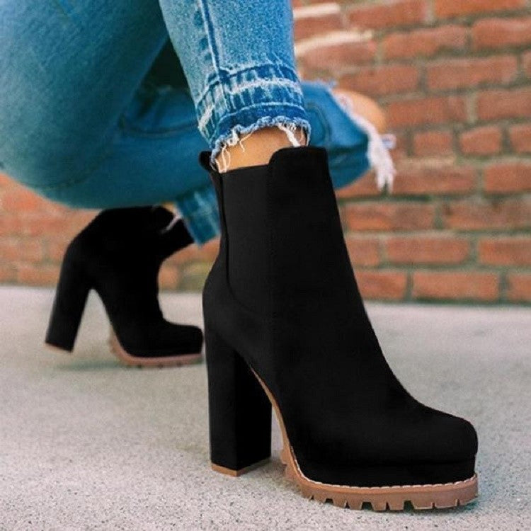 Leopard Chunky High Heel Elastic Band Suede Boots