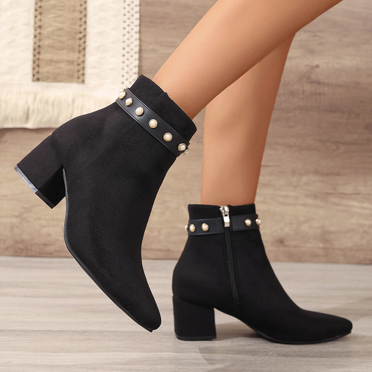 Black Pearl Microfiber Ankle Pointed Toe Chunky Heel Low Heel Boots
