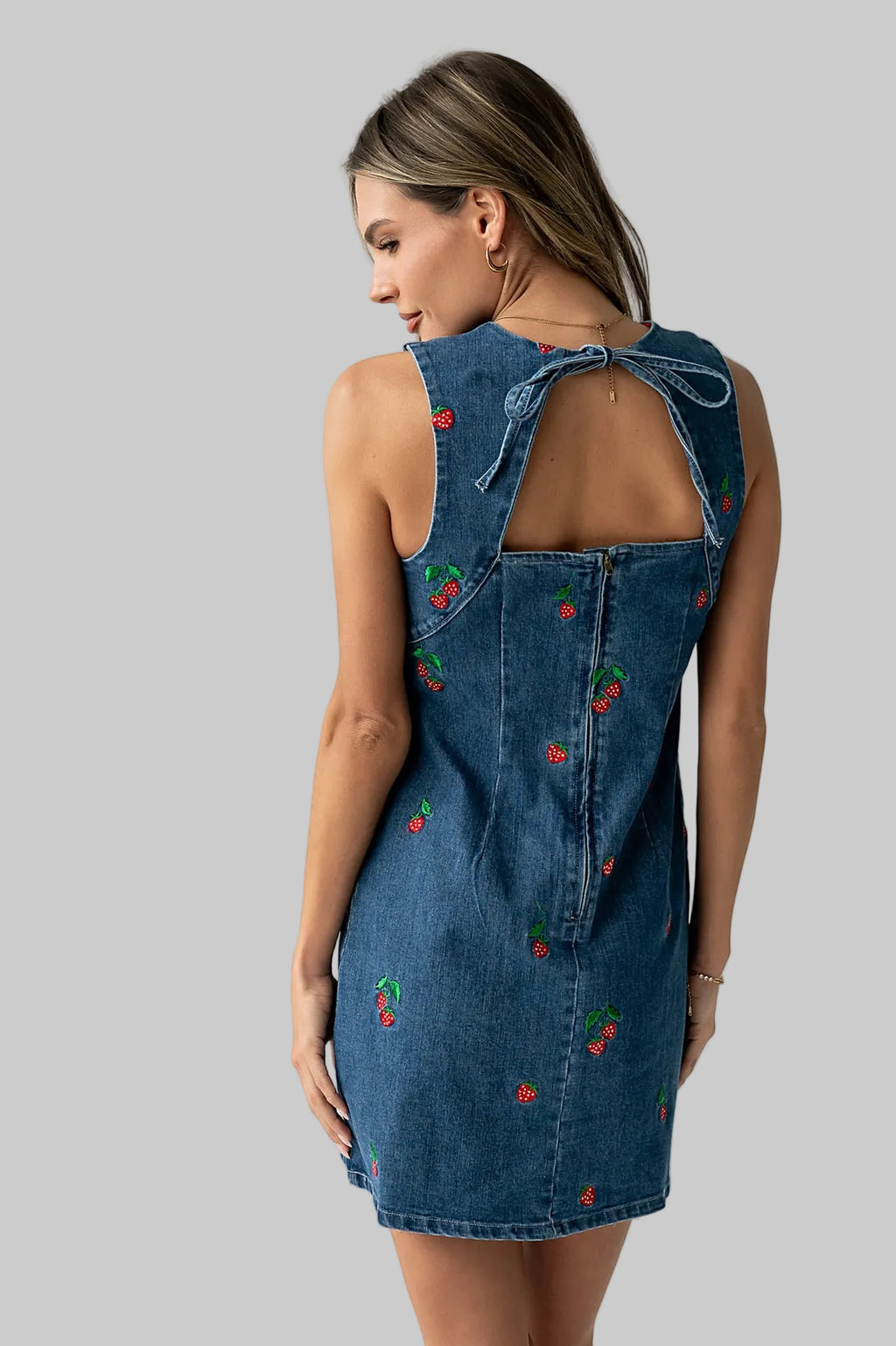 Embroidery Cherry Loose Denim Sleeveless Dress