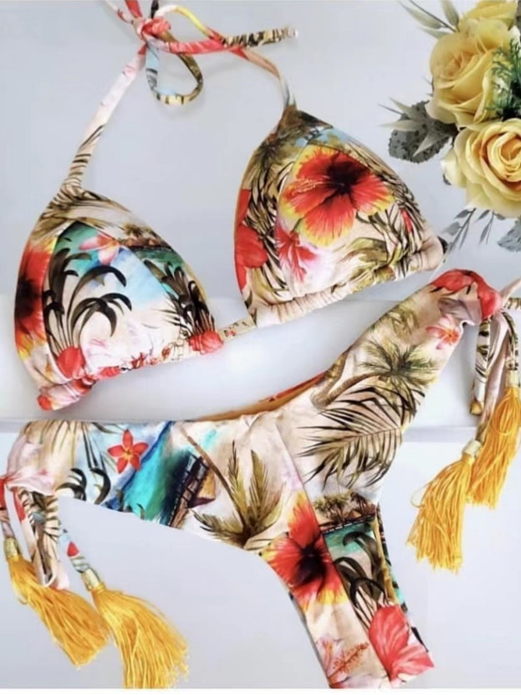 Floral Print Tassel Lace-up Bikini