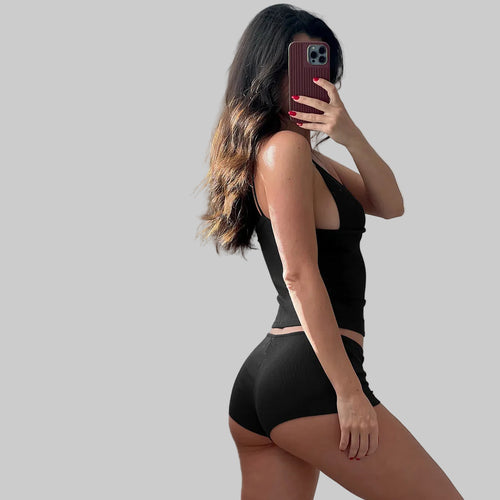 Sexy Deep V-Plunge Low Waist Shorts Two-Piece Set