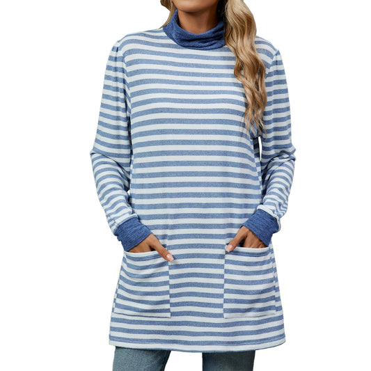 Striped Contrast Color Pockets Turtleneck Long Sleeve Top