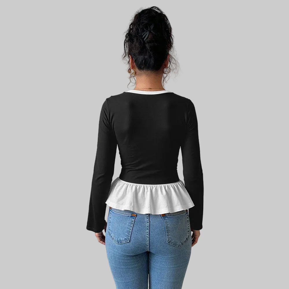 Contrast Color Peplum Long-Sleeved Top