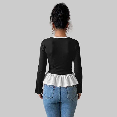 Contrast Color Peplum Long-Sleeved Top